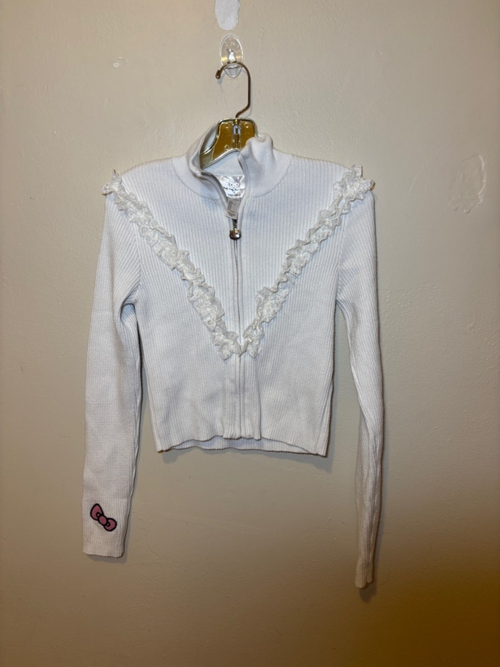Forever 21 White Ribbed Zip-Up Jacket with Ruffle Trim